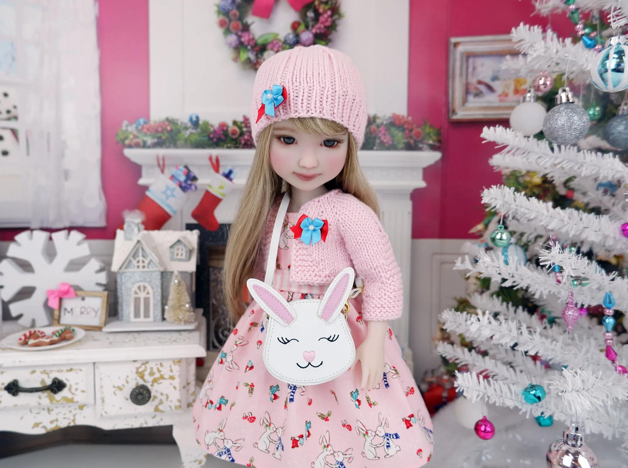 Winter Bunnies - dress and sweater with purse & saddle shoes for Ruby Red Fashion Friends doll