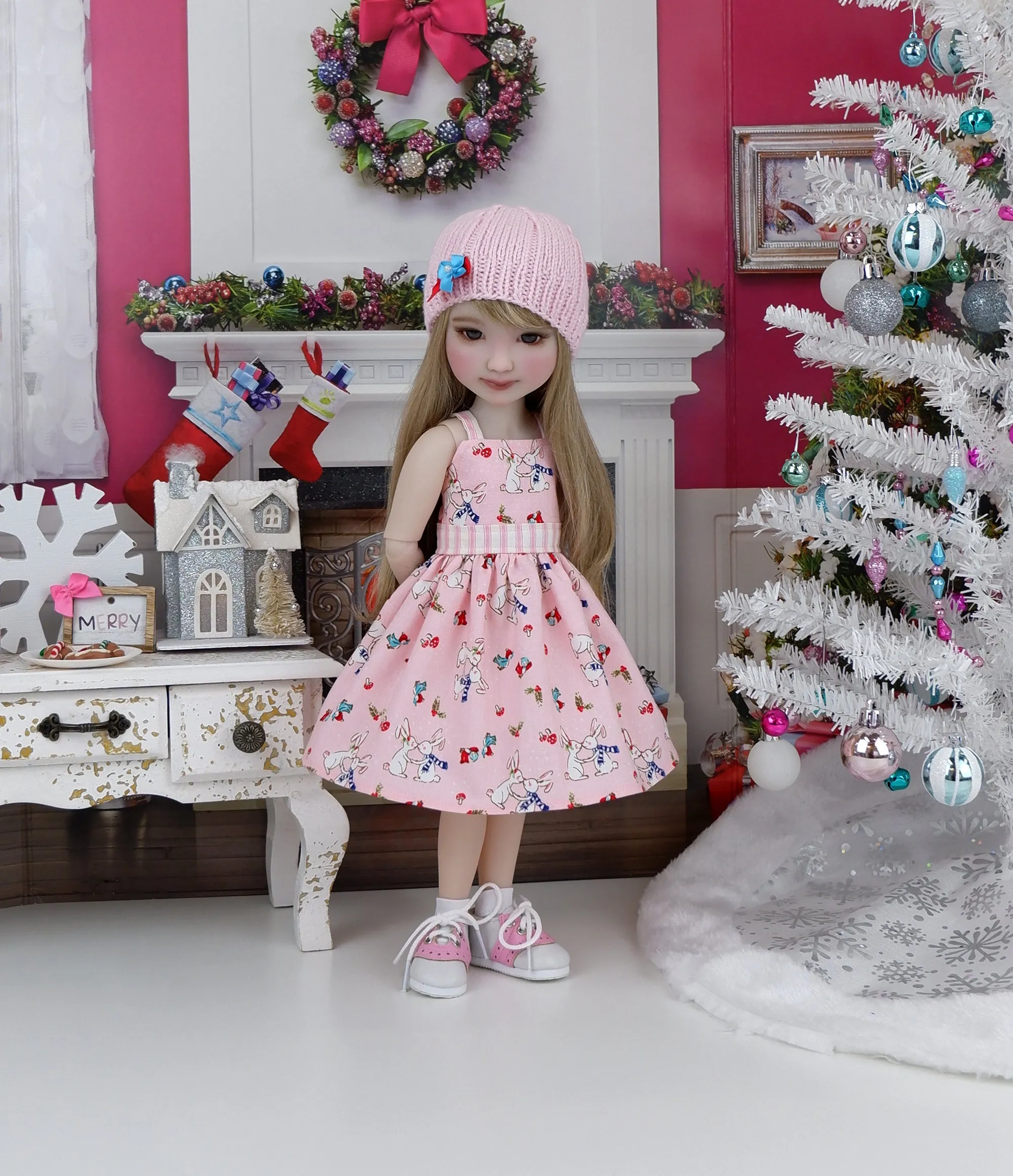 Winter Bunnies - dress and sweater with purse & saddle shoes for Ruby Red Fashion Friends doll