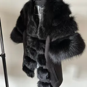 Women Black short belted jacket coat Woolen blend and  fox fur