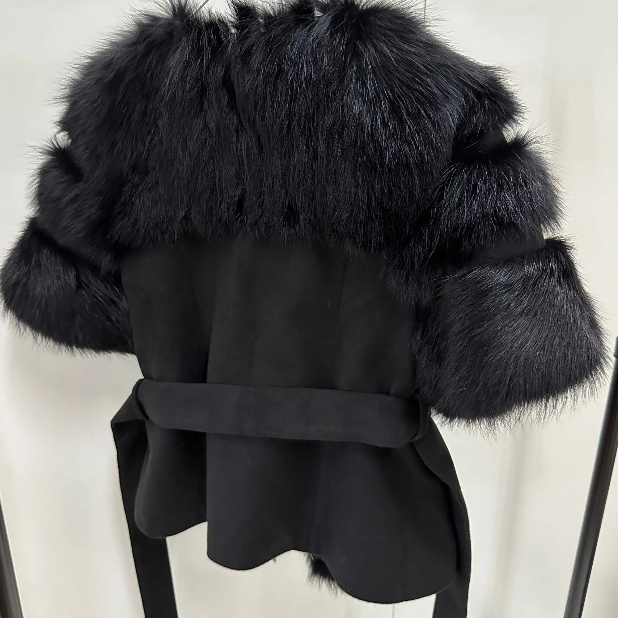 Women Black short belted jacket coat Woolen blend and  fox fur