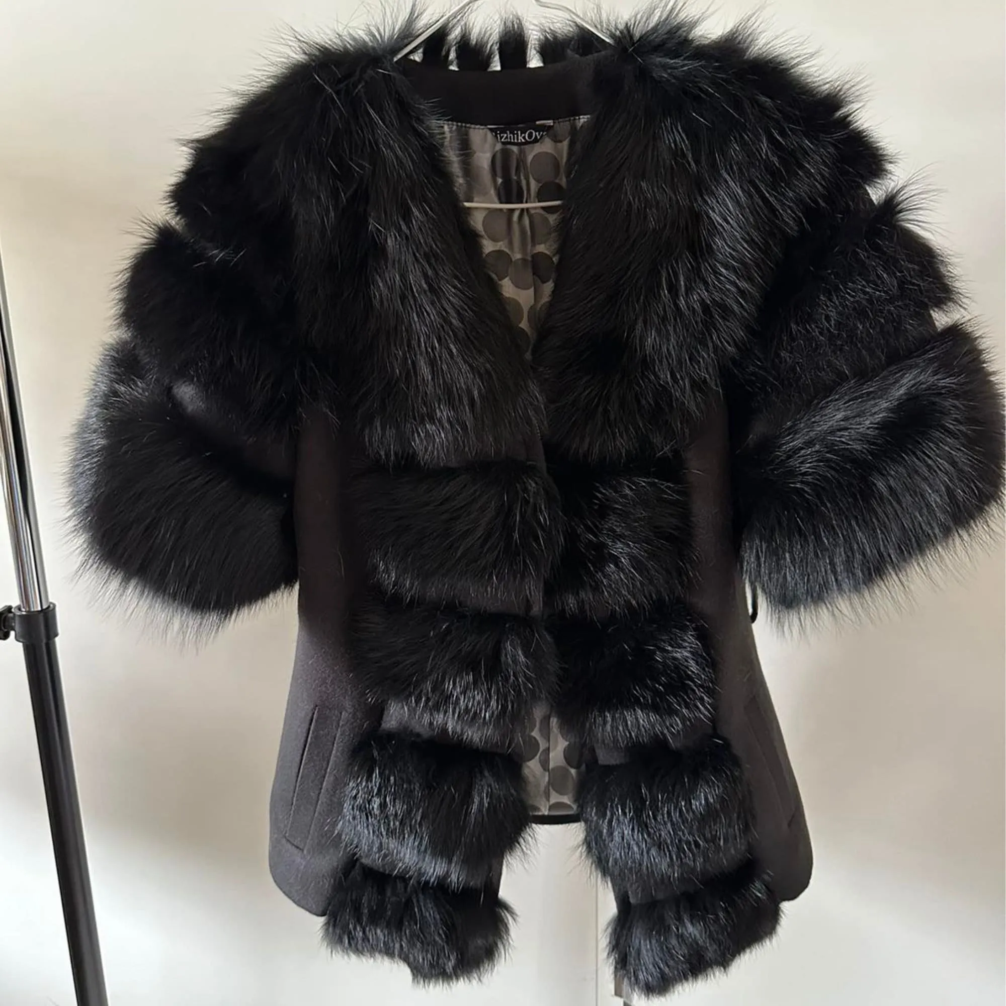 Women Black short belted jacket coat Woolen blend and  fox fur