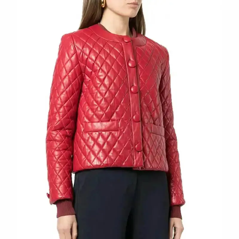 Women’s Collarless Quilted Red Leather Jacket – Chic & Modern