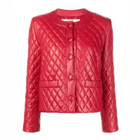 Women’s Collarless Quilted Red Leather Jacket – Chic & Modern