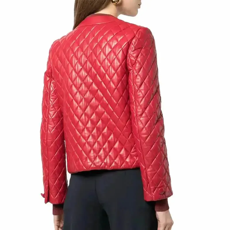 Women’s Collarless Quilted Red Leather Jacket – Chic & Modern