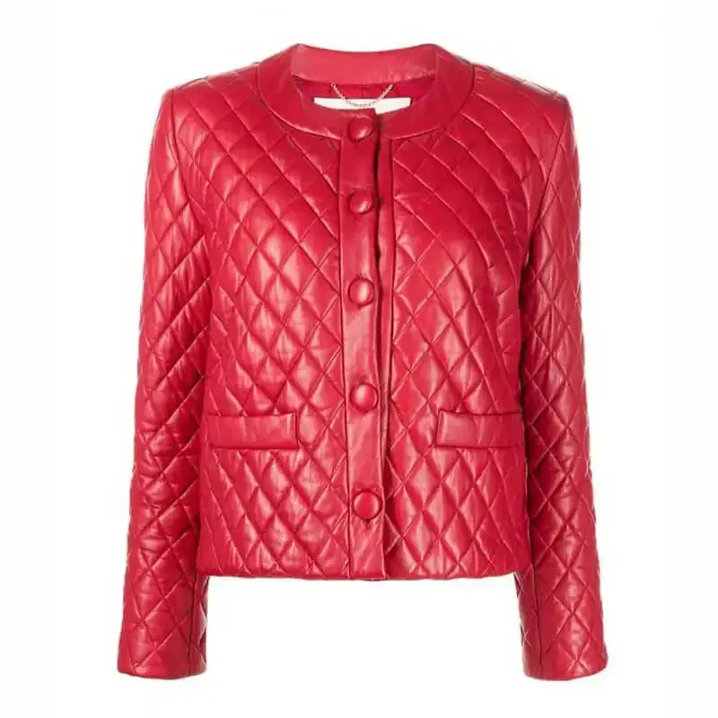 Women’s Collarless Quilted Red Leather Jacket – Chic & Modern