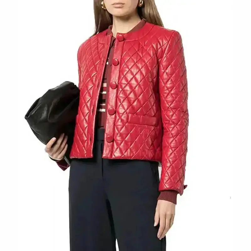 Women’s Collarless Quilted Red Leather Jacket – Chic & Modern