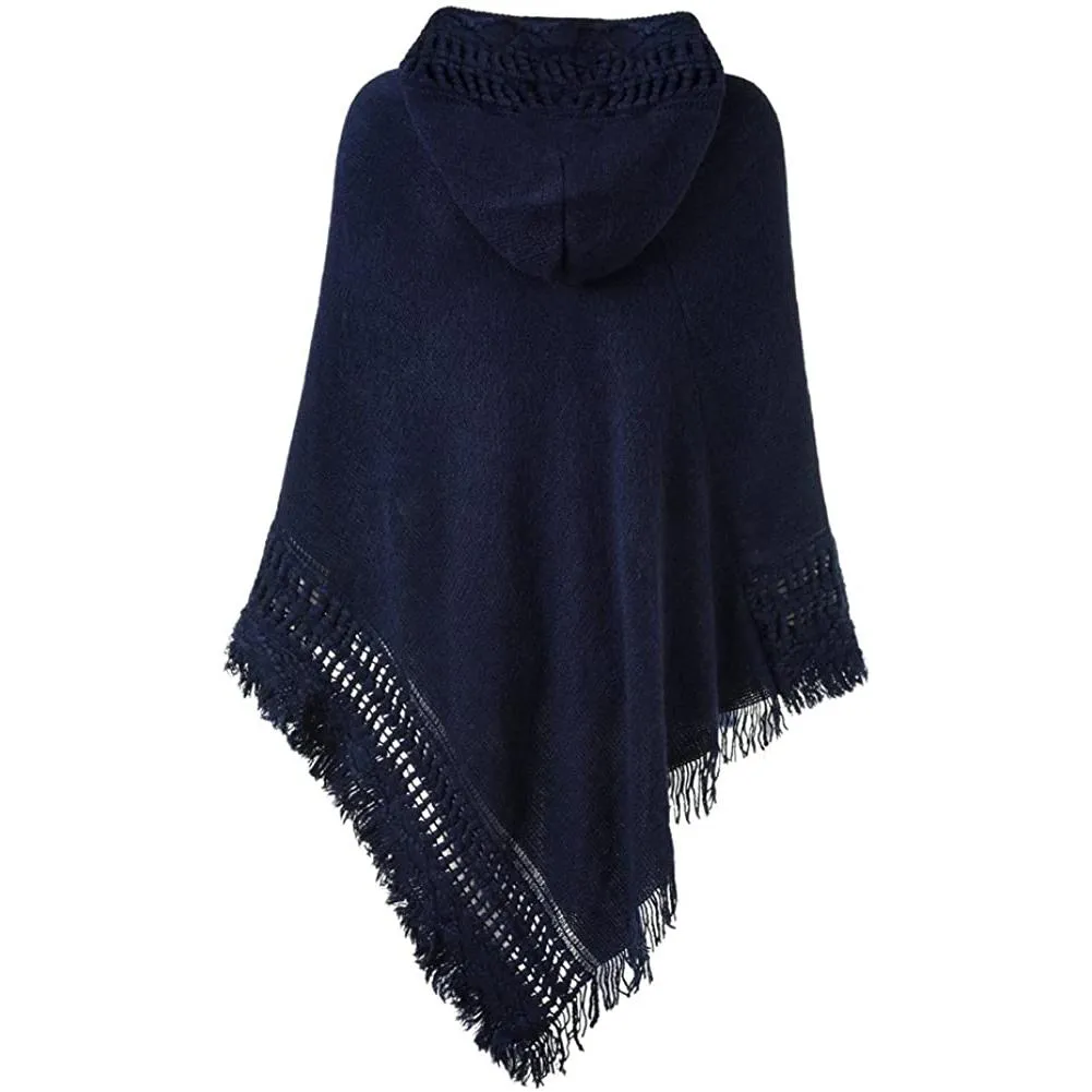 Womens Hooded Cape with Fringed Hem, Crochet Poncho Knitting Patterns