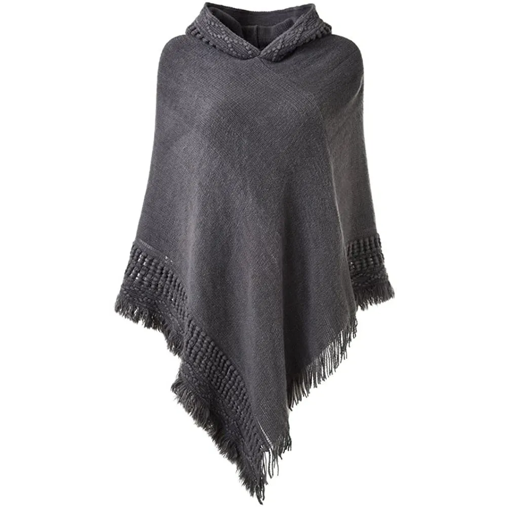 Womens Hooded Cape with Fringed Hem, Crochet Poncho Knitting Patterns