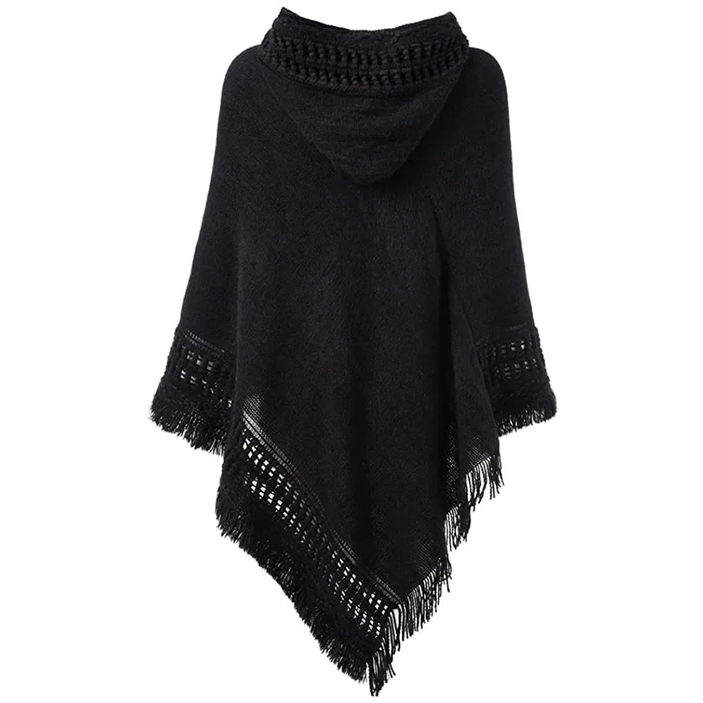 Womens Hooded Cape with Fringed Hem, Crochet Poncho Knitting Patterns