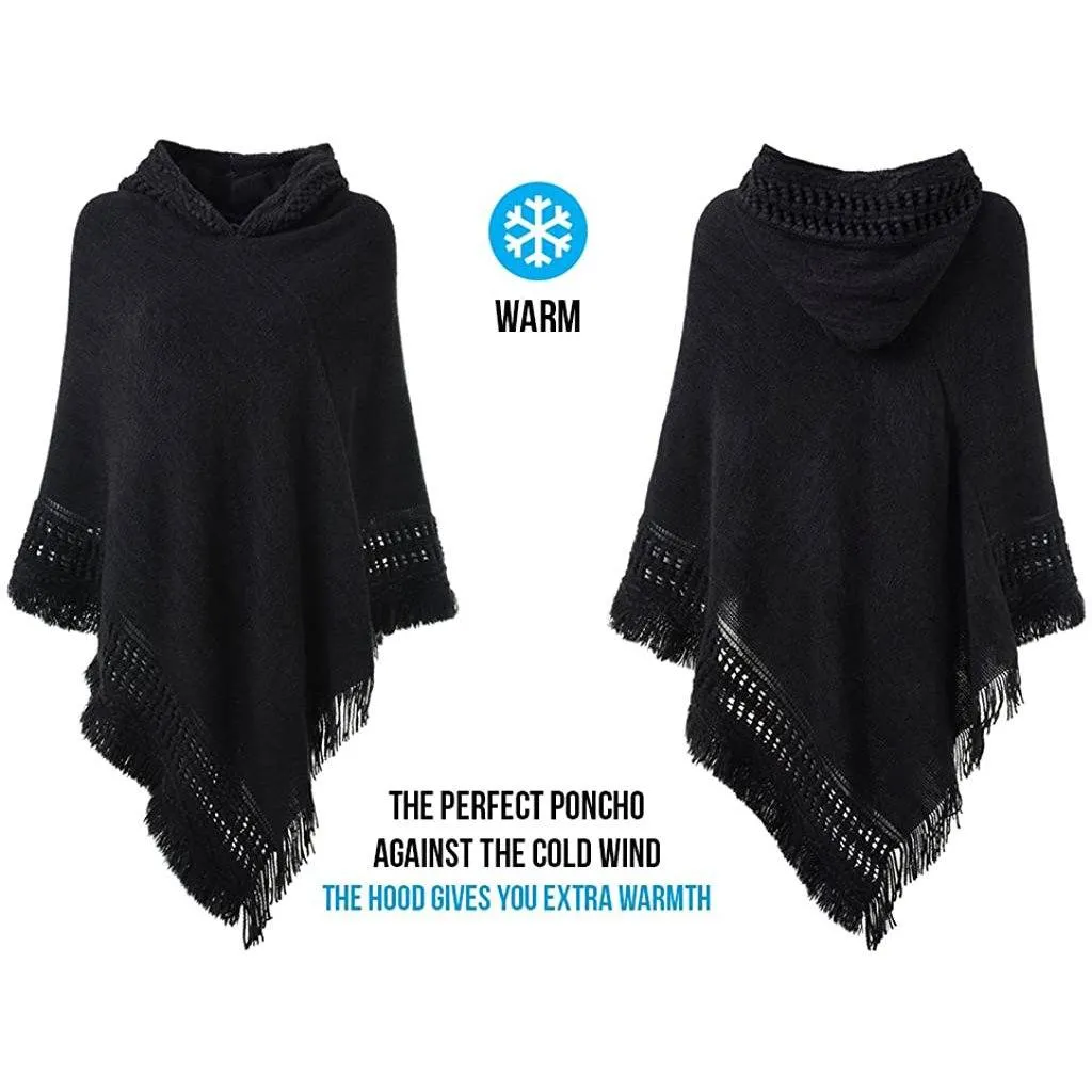 Womens Hooded Cape with Fringed Hem, Crochet Poncho Knitting Patterns