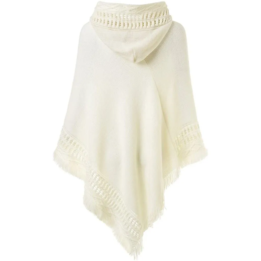 Womens Hooded Cape with Fringed Hem, Crochet Poncho Knitting Patterns