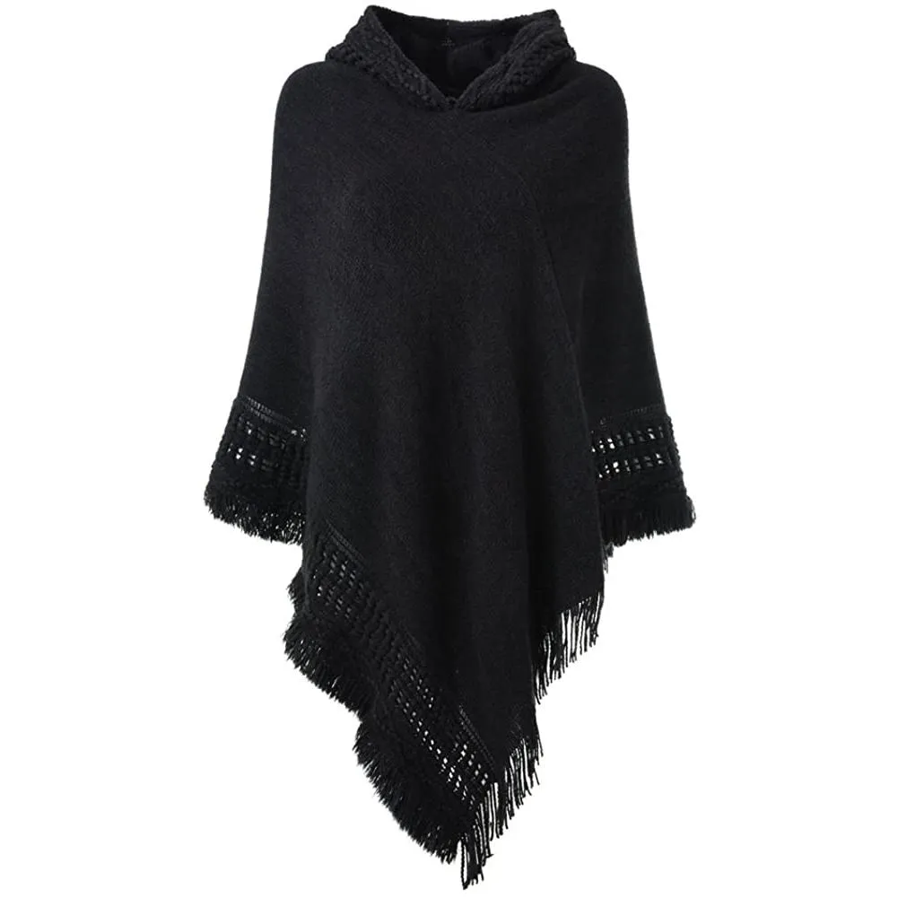 Womens Hooded Cape with Fringed Hem, Crochet Poncho Knitting Patterns