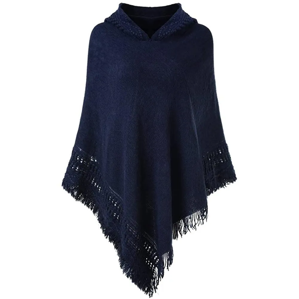 Womens Hooded Cape with Fringed Hem, Crochet Poncho Knitting Patterns