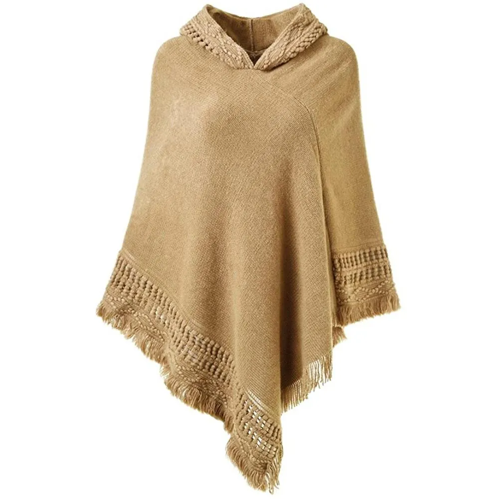 Womens Hooded Cape with Fringed Hem, Crochet Poncho Knitting Patterns