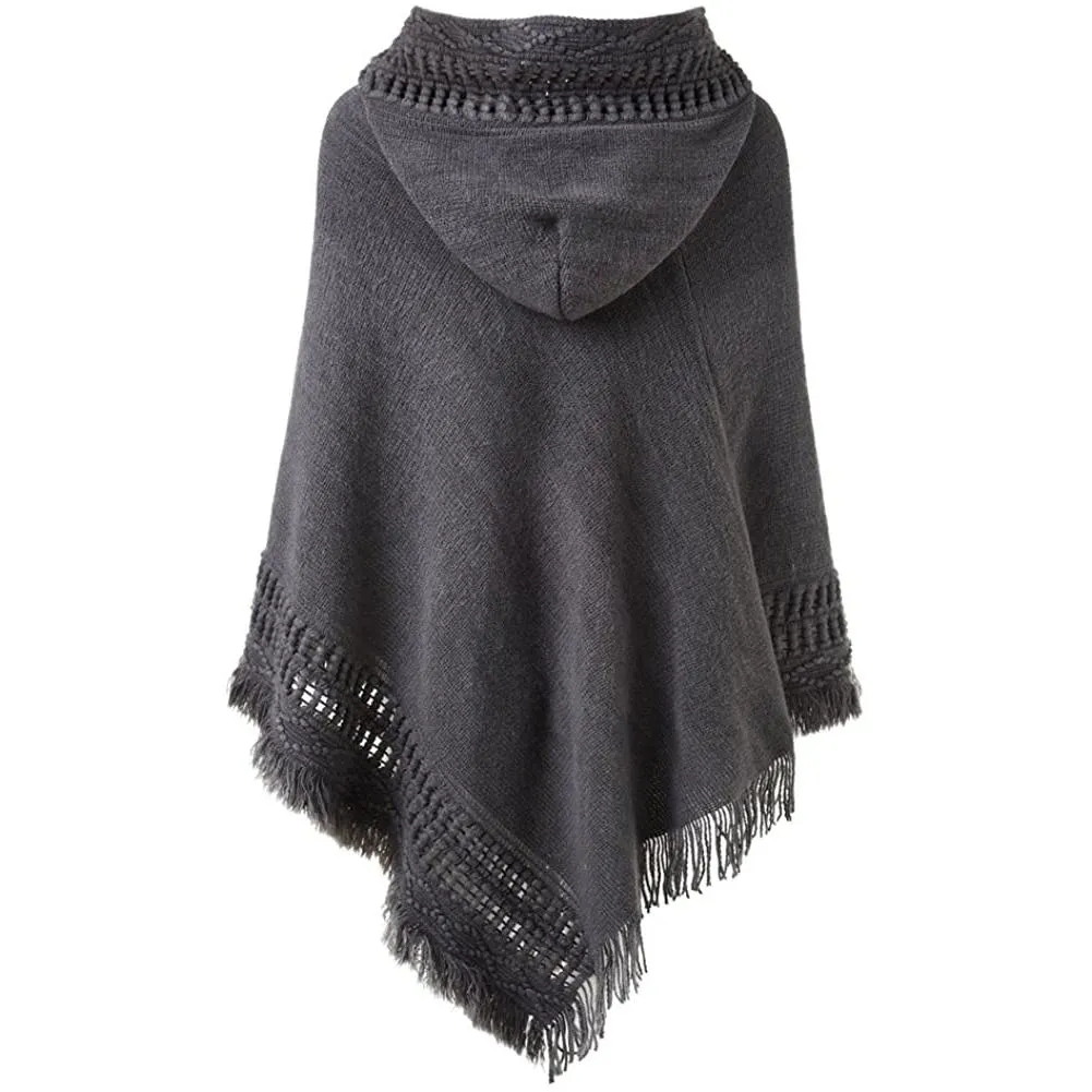 Womens Hooded Cape with Fringed Hem, Crochet Poncho Knitting Patterns