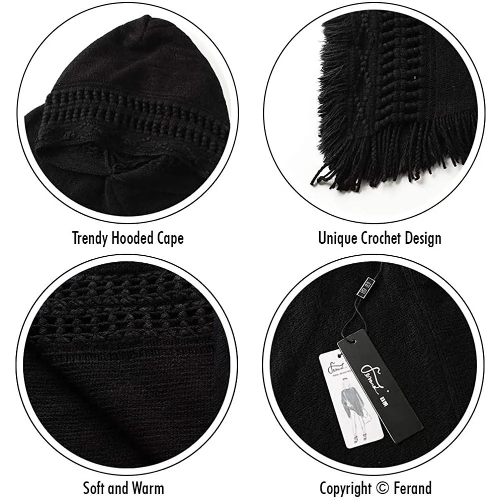 Womens Hooded Cape with Fringed Hem, Crochet Poncho Knitting Patterns