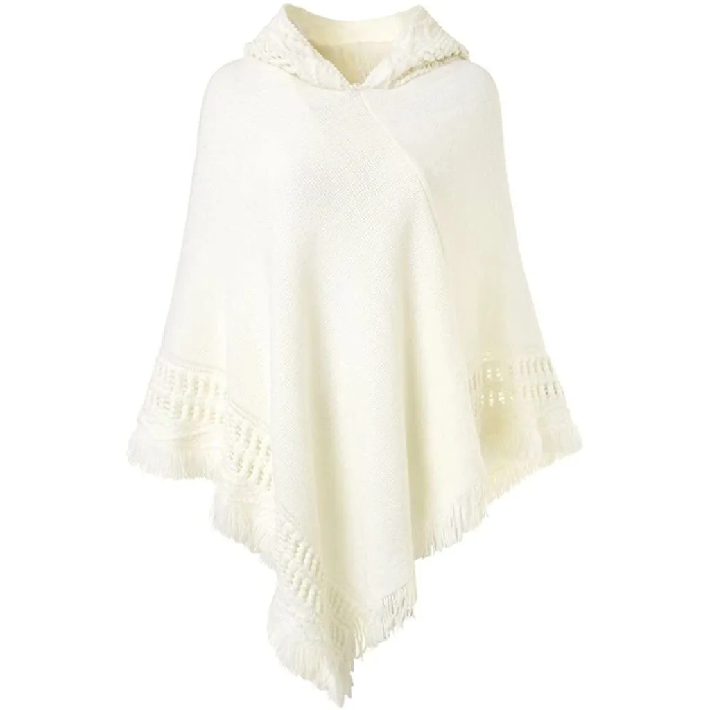 Womens Hooded Cape with Fringed Hem, Crochet Poncho Knitting Patterns