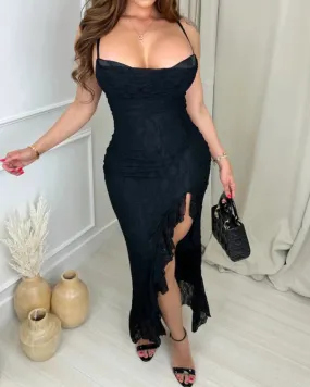 Women's Sexy Lace Hem Slit Slip Long Dress