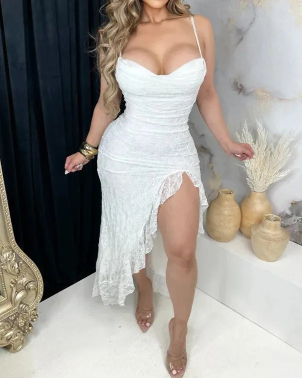 Women's Sexy Lace Hem Slit Slip Long Dress